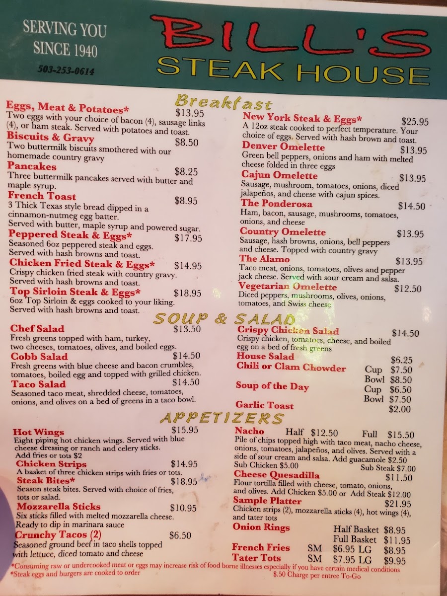 Bill's Steak House Lounge Menu - Image 1