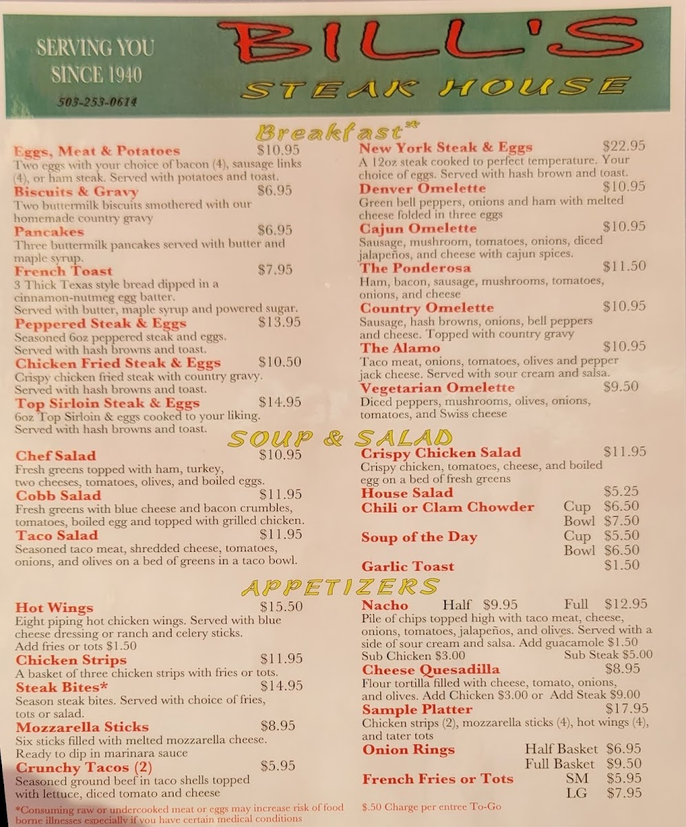 Bill's Steak House Lounge Menu - Image 3